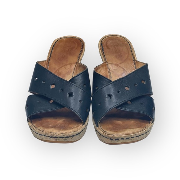 Born® 𖤐 Cross Font Laser Cut Cork Wedge Heel Sandals 𖤐 Black Leather 𖤐 6 36.5 - Picture 9 of 16